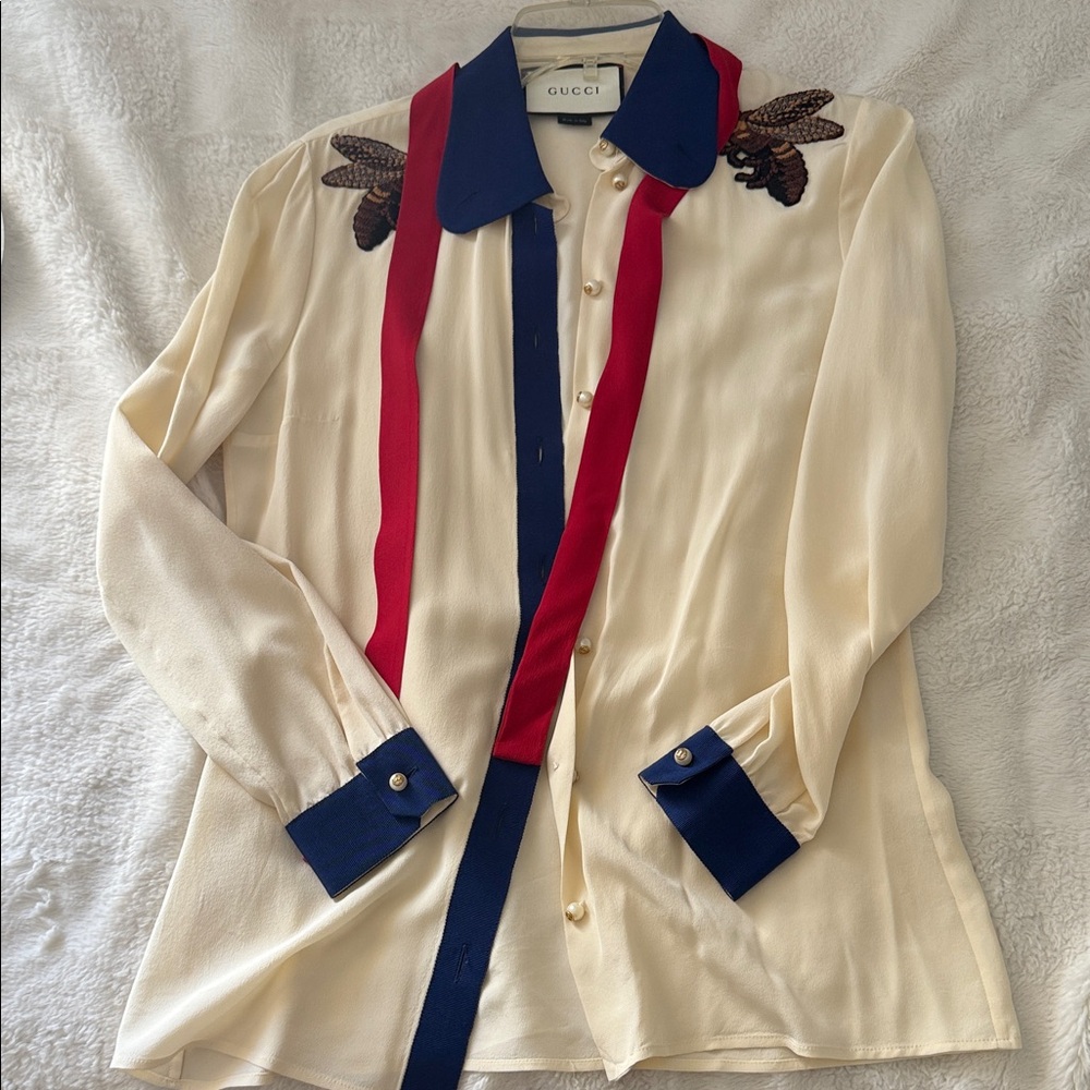 Gucci Cream Blouse with Navy and Red Details